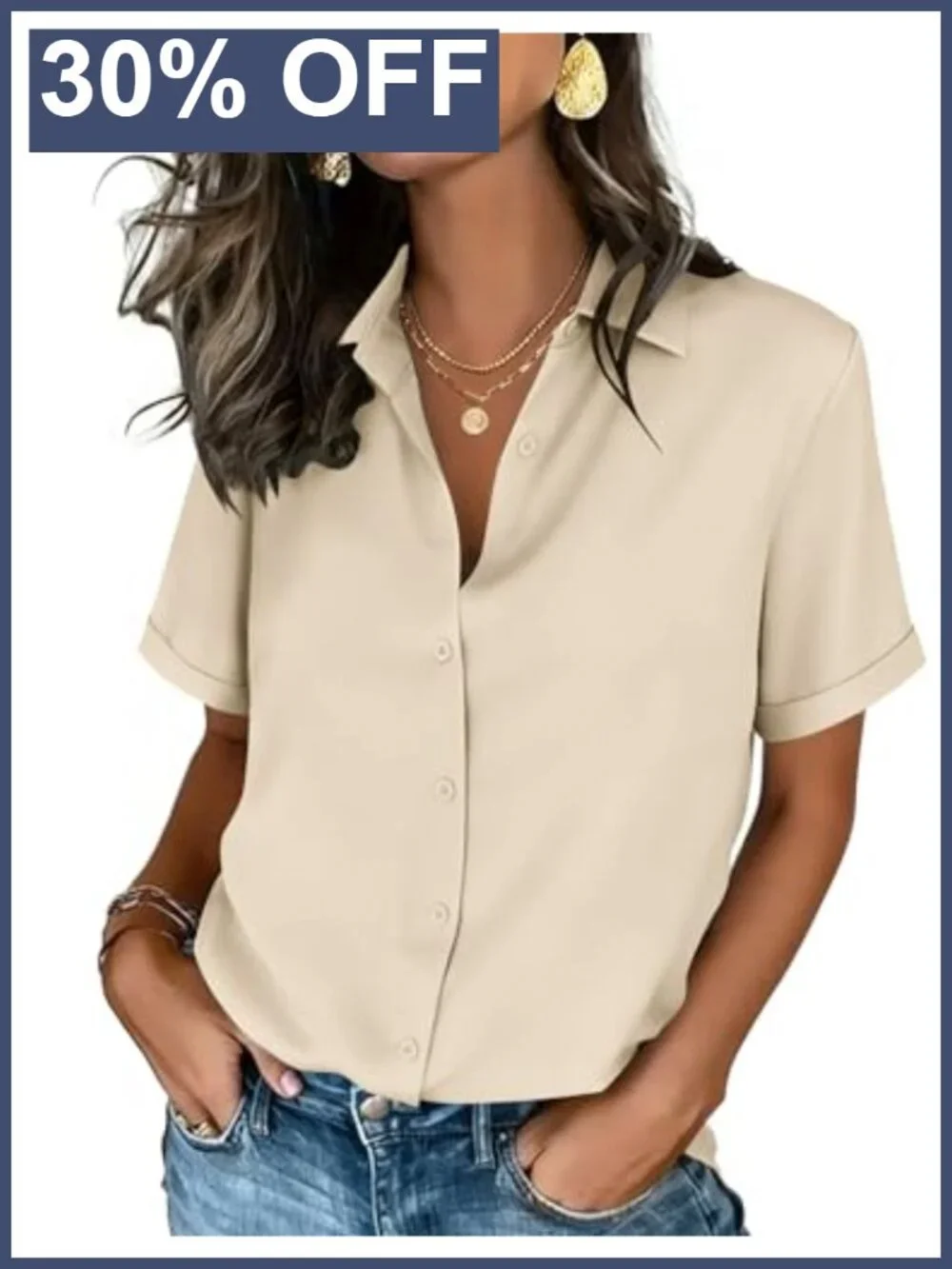 Women's Button Down Short Sleeve V-Neck Blouse Dressy Casual Top